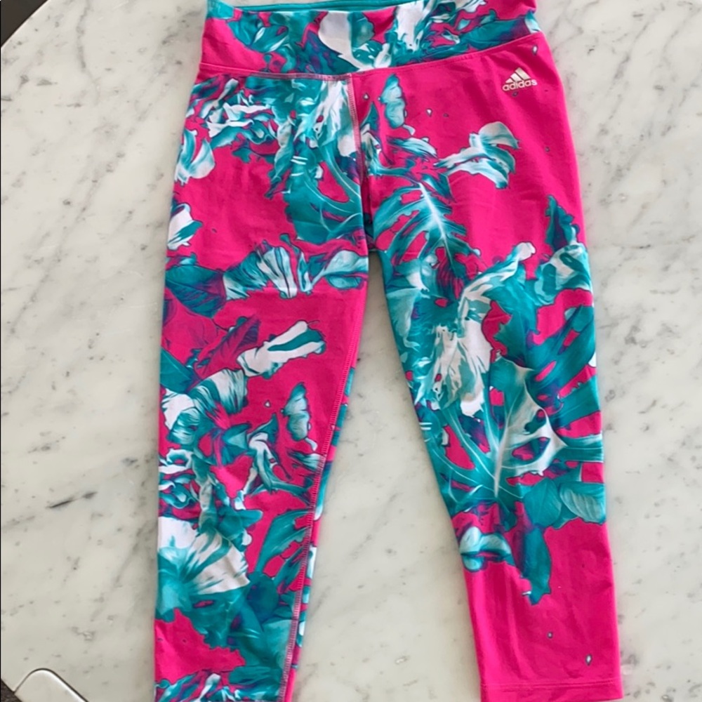 ADIDAS hot pink tropical print leggings! Size M.